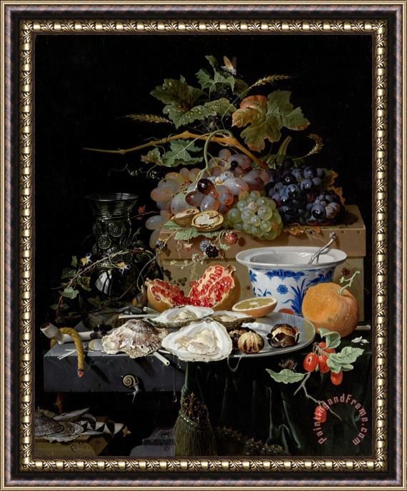Abraham Mignon Still Life with Fruit, Oysters And a Porcelain Bowl Framed Painting