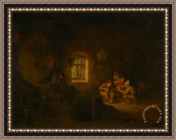 Adriaen Van Ostade A Tavern Interior with Peasants Drinking Beneath a Window Framed Painting