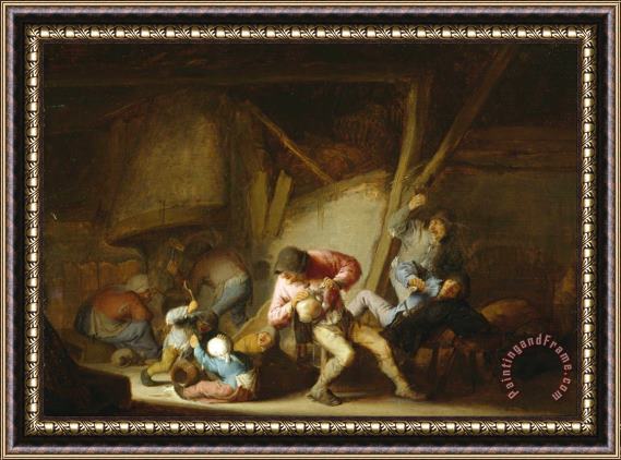 Adriaen Van Ostade Interior with Drinking Figures And Crying Children Framed Print