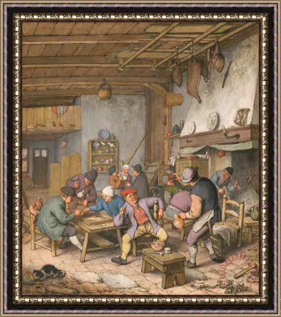 Adriaen Van Ostade Room in an Inn with Peasants Drinking, Smoking And Playing Backgam, 1678 Framed Print