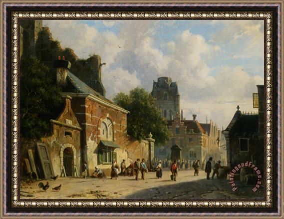 Adrianus Eversen A Busy Street in a Dutch Town Framed Painting