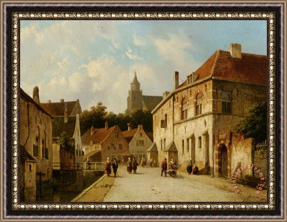 Adrianus Eversen Figures Along a Canal in a Dutch Town Framed Painting
