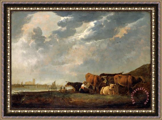 Aelbert Cuyp Cattle Near The Maas with Dordrecht in The Distance Framed Painting