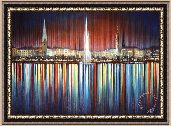 Agris Rautins Hamburg Alster fountain and Town Hall Framed Painting