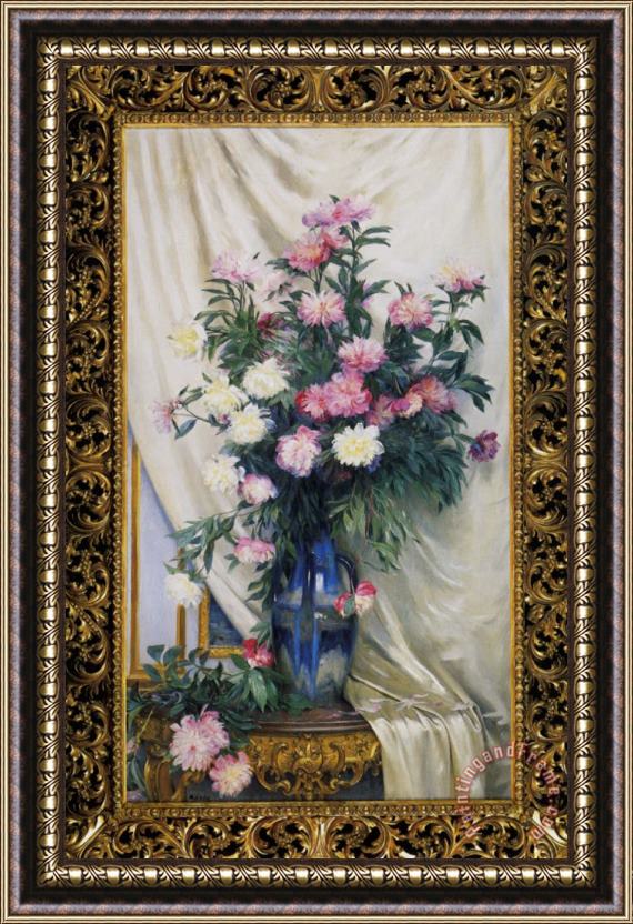 Albert Aublet Peonies in a Blue Vase on a Draped Regency Giltwood Console Table Framed Print