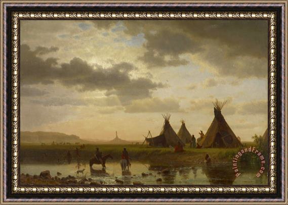 Albert Bierstadt View of Chimney Rock, Ohalilah Sioux Village in The Foreground, 1860 Framed Print
