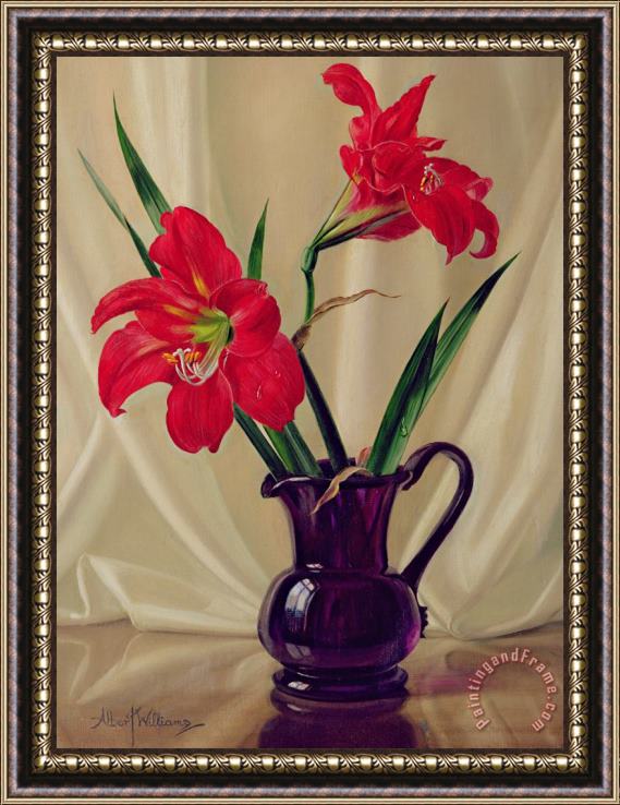 Albert Williams Amaryllis Lillies in a Dark Glass Jug Framed Print