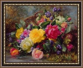 A Pond in The Morvan Framed Prints - Roses by a Pond on a Grassy Bank by Albert Williams