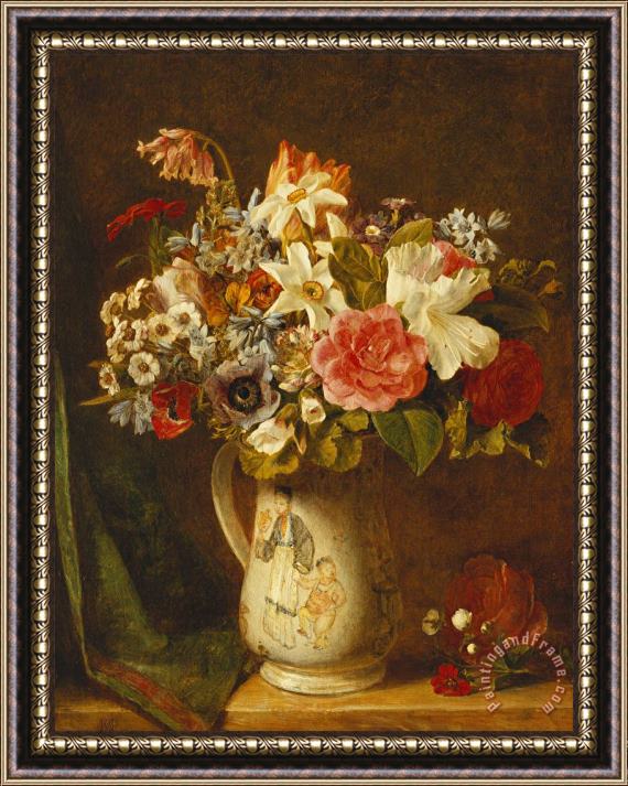 Alfred Morgan Roses Narcissi And Other Flowers In A Vase Framed Painting