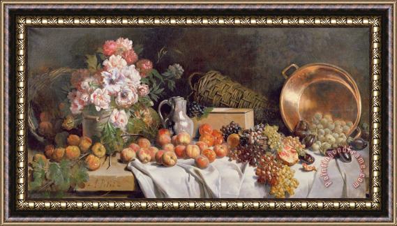 Alfred Petit  Still life with flowers and fruit on a table Framed Painting