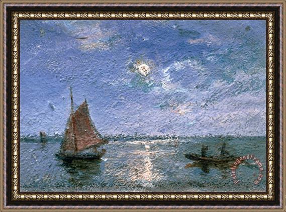 Alfred Wahlberg Fishing Boats by Moonlight Framed Print