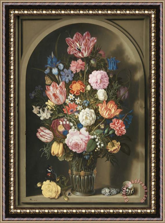 Ambrosius Bosschaert the Elder Bouquet of Flowers in a Stone Niche Framed Painting