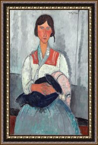 Baby, Bye Bye Framed Paintings - Gypsy Woman With Baby by Amedeo Modigliani