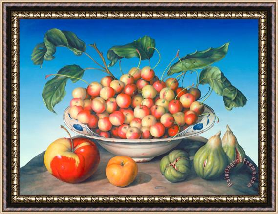 Amelia Kleiser Cherries in Delft bowl with red and yellow apple Framed Painting