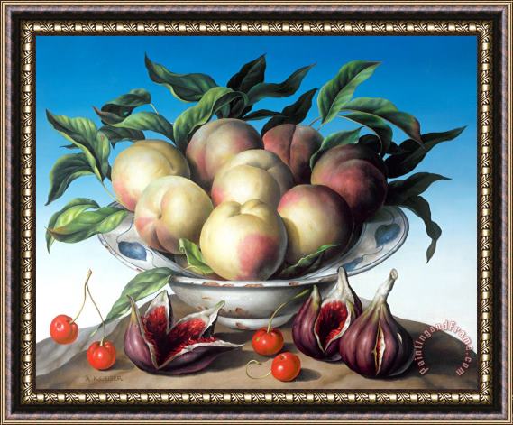 Amelia Kleiser Peaches in Delft bowl with purple figs Framed Print