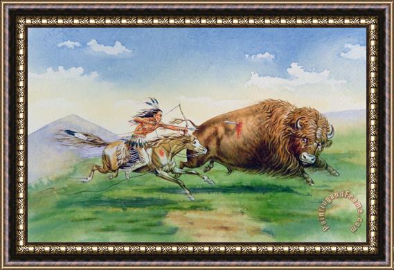 American School Sioux Hunting Buffalo on Decorated Pony Framed Print