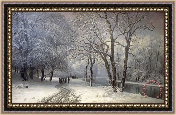 Anders Andersen-Lundby A Winter Landscape with Horses And Carts by a River Framed Painting