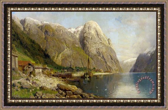 Anders Monsen Askevold A Village by a Fjord Framed Painting
