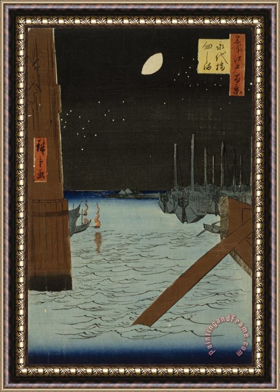 Ando Hiroshige Moon Over Ships Moored at Tsukuda Island From Eitai Bridge From One Hundred Views of Famous Places in Edo Framed Painting
