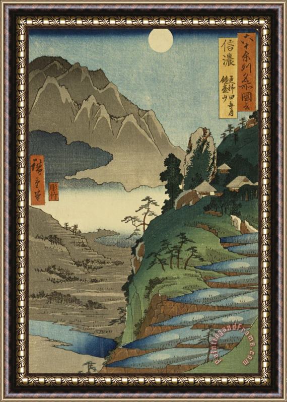 Ando Hiroshige Mt. Kyodai And The Moon Reflected in The Rice Fields at Sarashina in Shinano Province, No. 25 From Famous Views of The 60 Odd Provinces Framed Painting