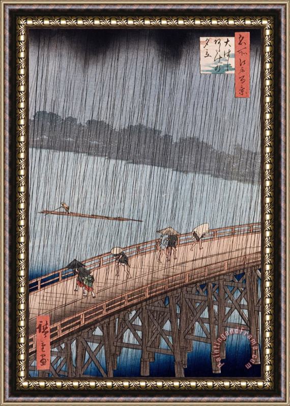Ando Hiroshige Ohashi Sudden Shower At Atake Framed Painting