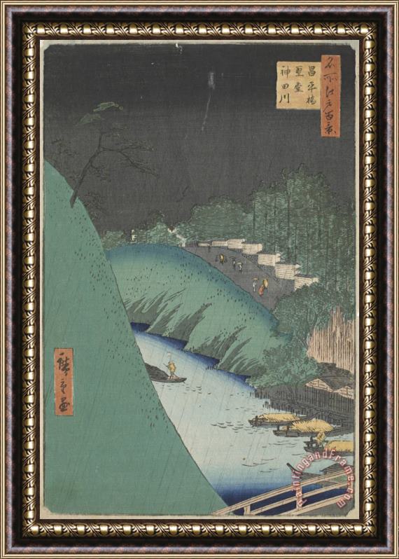 Ando Hiroshige Rain in The Seido Hall And Shohei Bridge Over The Kanda River From The Series One Hundred Views of Famous Places in Edo Framed Print
