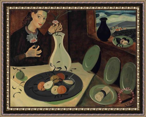 Andre Derain Assiette De Fruits Et Femme Disposant Des Fleurs Dans Un Vase Framed Painting