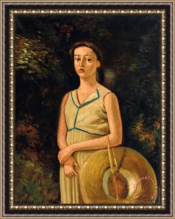 Andre Derain Portrait De Genevieve Tenant Un Chapeau De Paille, Niece Du Peintre Framed Painting