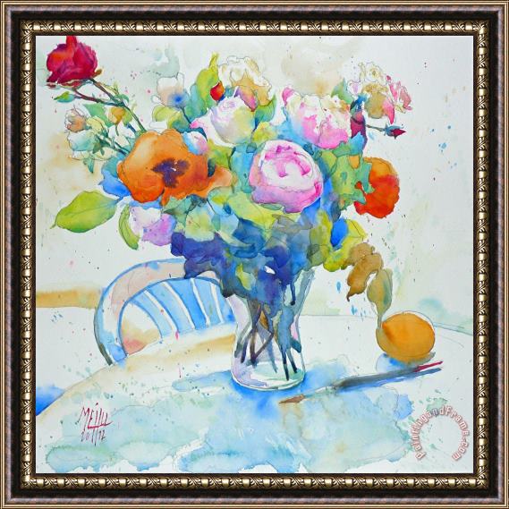 Andre Mehu Bouquet and orange Framed Painting