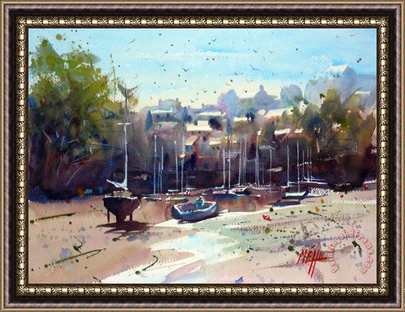 Andre Mehu Doelan little harbour in Brittany Framed Painting