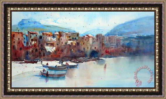 Andre Mehu Fishing boats on the beach of Cefalu Framed Painting