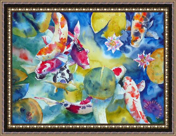 Andre Mehu Koi And Two Waterlilies Flowers Framed Print