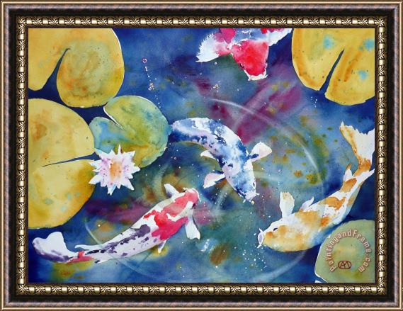Andre Mehu Koi and waterlily flower Framed Painting