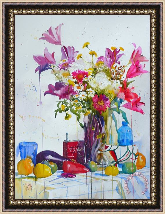 Andre Mehu Lilies and piggy bank Framed Painting