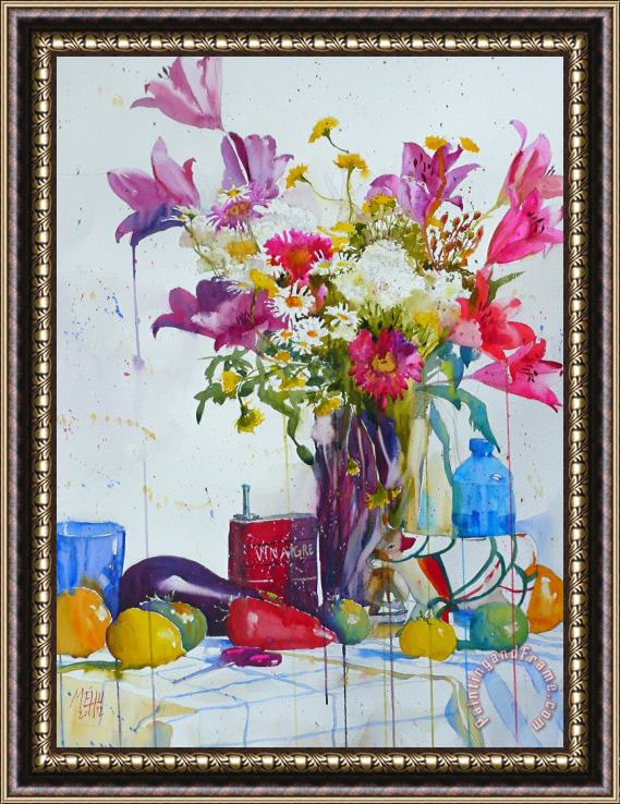Andre Mehu Lilies and piggy bank Framed Painting