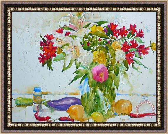 Andre Mehu Lilies and red peppers Framed Painting