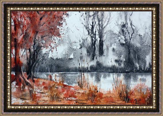 Andre Mehu Trees on the pond side Framed Painting