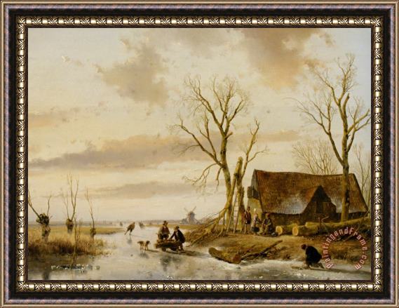 Andreas Schelfhout A Winter Landscape with Skaters on a Frozen River Framed Painting