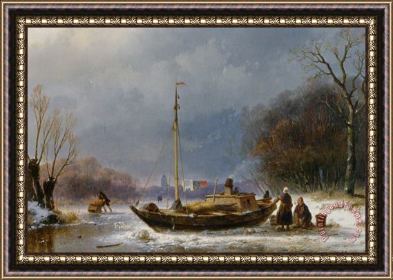 Andreas Schelfhout A Wintry Scene with Figures Near a Boat on The Ice Framed Painting