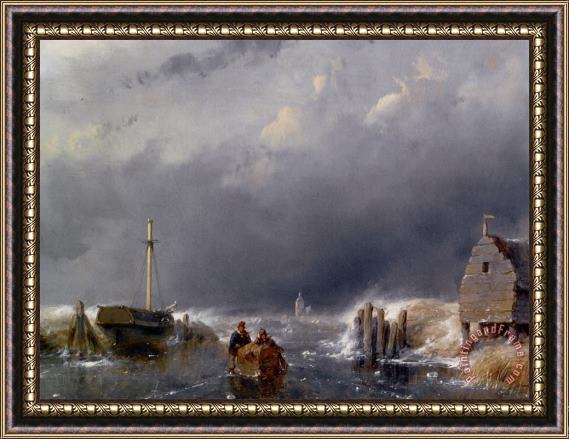 Andreas Schelfhout Figures with a Sledge on a Frozen Waterway Framed Painting
