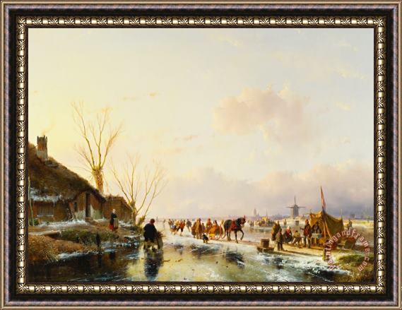 Andreas Schelfhout Skaters By A Booth On A Frozen River Framed Painting