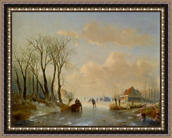 Andreas Schelfhout Skaters on The Ice with a Koek En Zopie in The Distance Framed Painting