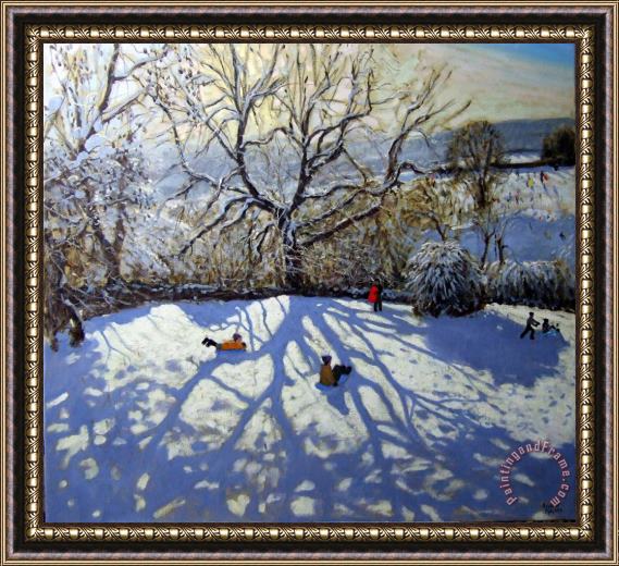 Andrew Macara Large tree and tobogganers Framed Painting