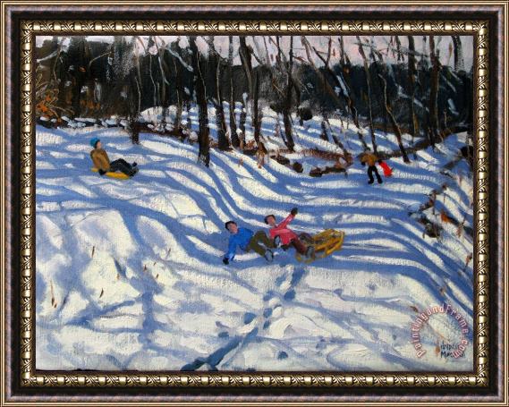 Andrew Macara Two boys falling off a sledge Framed Painting