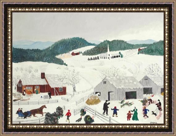 Anna Mary Robertson (grandma) Moses Catching The Thanksgiving Turkey Framed Painting