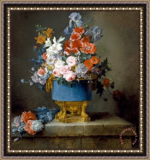 Anne Vallayer-Coster Bouquet of Flowers in a Blue Porcelain Vase Framed Painting