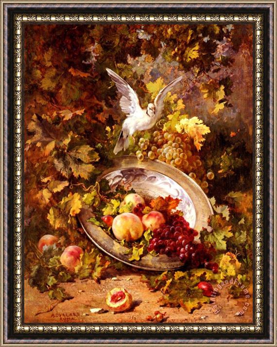 Antoine Bourland Peaches And Grapes With A Dove - Bourland - 1875 Framed Painting