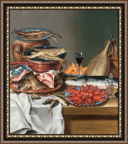 Baby, Bye Bye Framed Paintings - A Still Life of a Fish Trout and Baby Lobsters by Anton Friedrich Harms