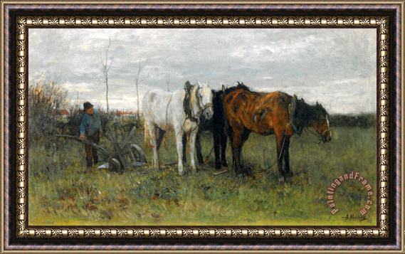 Anton Mauve A Ploughing Farmer Framed Painting