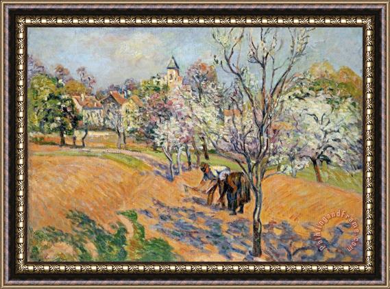 Armand Guillaumin Two Peasants Sowing Haricots in an Orchard in Blossom Framed Painting